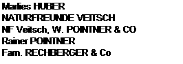 Szövegdoboz: Marlies HUBER
NATURFREUNDE VEITSCH
NF Veitsch, W. POINTNER & CO
Rainer POINTNER
Fam. RECHBERGER & Co
